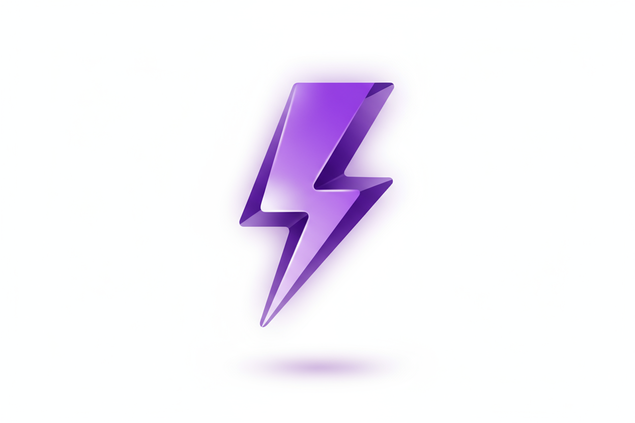 Create a minimal, modern 3D-style lightning bolt icon (⚡) symbolizing instant access and speed.

Style: clean, futuristic, flat-3D blend with smooth gradients.

Color scheme: royal purple (#6e388b) as the main accent, on a white or light background.

The design should look professional and premium, matching a digital learning or online business brand aesthetic.

Lighting: soft shadows, subtle glow around the lightning bolt.

Aspect ratio: 1:1 (square), high resolution, transparent or white background for Sh