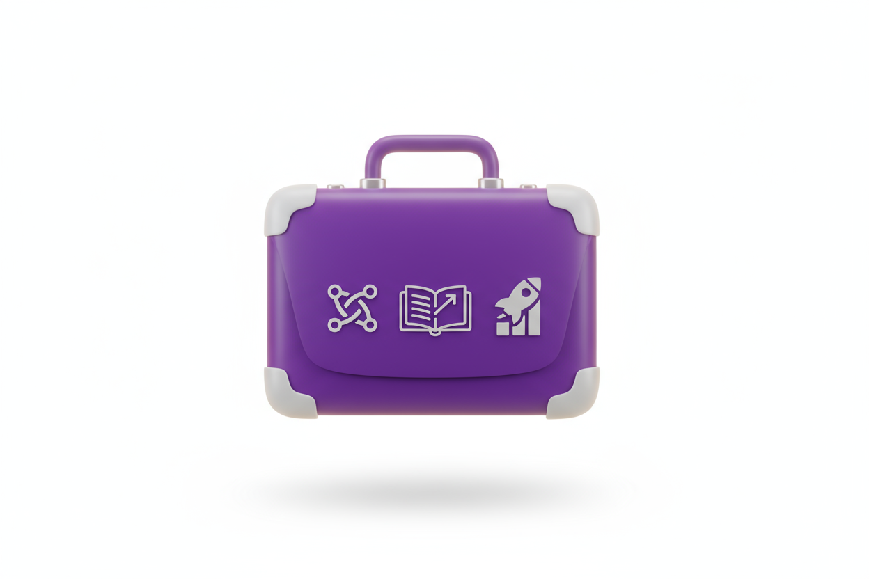 Create a modern, minimal 3D-style briefcase icon (💼) representing all-in-one digital products, professional learning, and business growth.

The briefcase should have a sleek, futuristic design with smooth curves, soft shadows, and subtle gradient depth.

Color palette: use royal purple (#6e388b) as the main accent color with white and light gray tones to create a premium, clean look.

Add a subtle glow or drop shadow beneath the briefcase to give a realistic, floating effect.

Background: pure white backgr