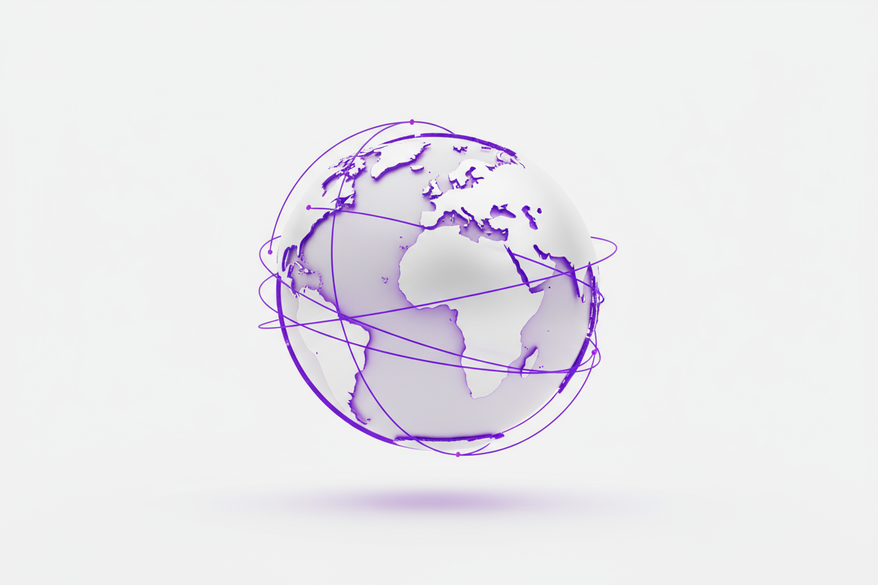 Create a modern, minimal 3D-style globe icon (🌍) representing global access, online learning, and worldwide reach.

The globe should have a clean, futuristic look with smooth curved lines showing continents or digital connections.

Color palette: use royal purple (#6e388b) as the main accent color, with soft white and light gray tones for depth and realism.

Add a slight glow or subtle shadow under the globe for a premium floating effect.

Background: pure white background, minimal and elegant — suitable f