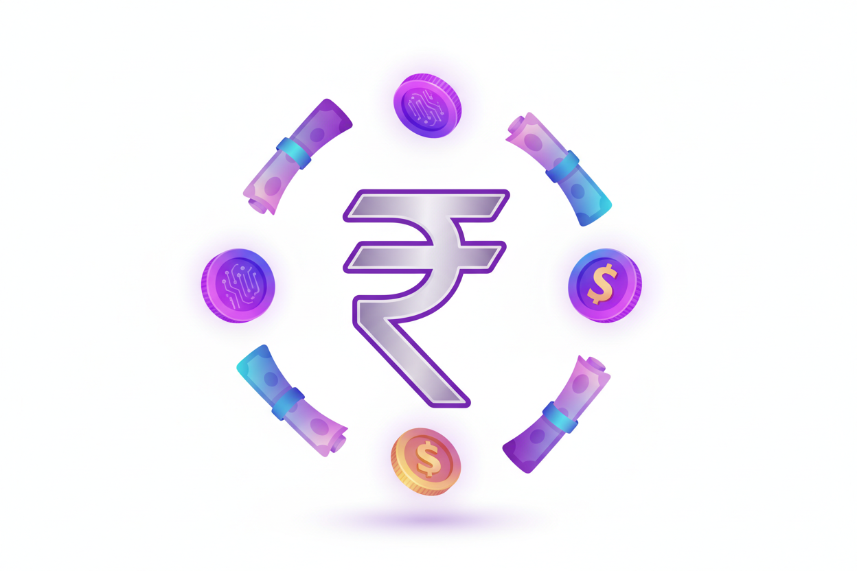 Create a modern, minimal 3D-style icon of money or digital earnings (💸) symbolizing make money online and financial growth.

The icon should feature a rupee symbol (₹) or floating stack of digital coins or notes, designed in a clean, futuristic, and professional style.

Color palette: use royal purple (#6e388b) as the main accent color, with soft shadows and glowing highlights for depth.

Background: pure white background — clean, minimal, and perfect for a Shopify homepage section.

No text, no extra symb