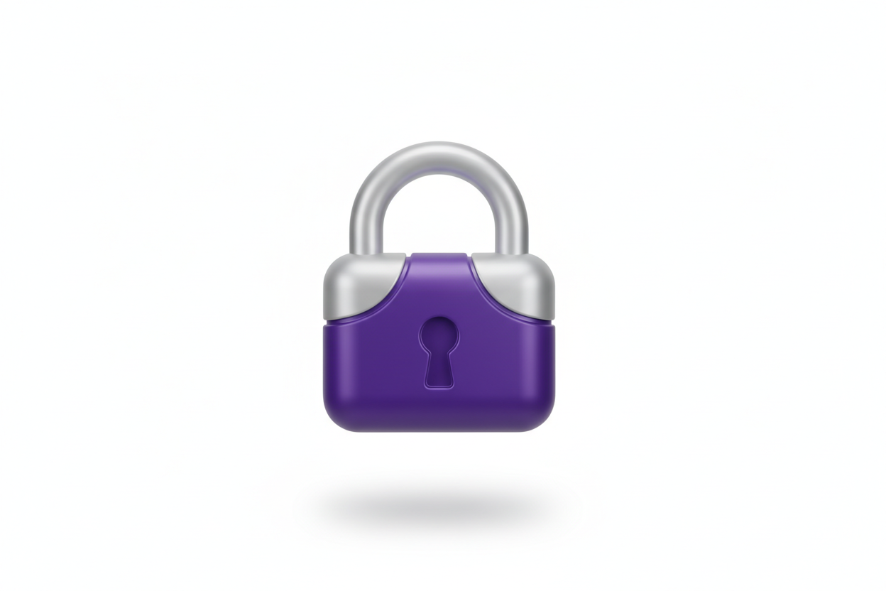 Create a modern, minimal 3D-style padlock icon (🔒) representing secure payments and safe checkout for an online digital store.

The padlock should have a sleek, futuristic design with smooth gradients and soft edges, giving it a trustworthy, premium look.

Color palette: use royal purple (#6e388b) as the main accent color, with metallic silver or light gray highlights for depth and dimension.

Background: pure white background, clean and minimal — ideal for Shopify homepage use.

Add a subtle glow or shado