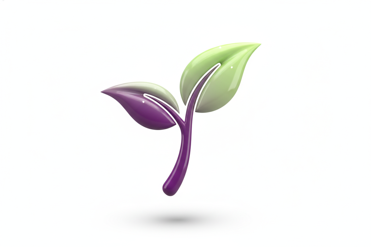 Create a modern, minimal 3D-style plant sprout icon (🌱) representing growth, learning, and personal development.

The sprout should have smooth, rounded leaves growing from a small curved stem, symbolizing progress and continuous improvement.

Color palette: use royal purple (#6e388b) as the main accent color, with soft gradients of light green and white for balance and harmony.

Add subtle light reflections and a soft shadow beneath the sprout to create a floating, realistic, premium effect.

Background: 